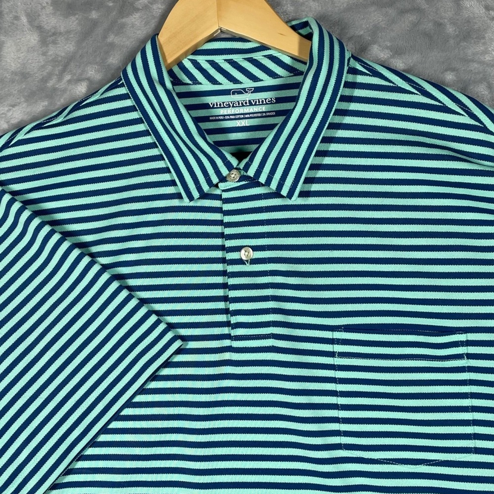 Vineyard Vines Performance Polo Mens XXL Blue Teal Striped Pima Cotton Stretch